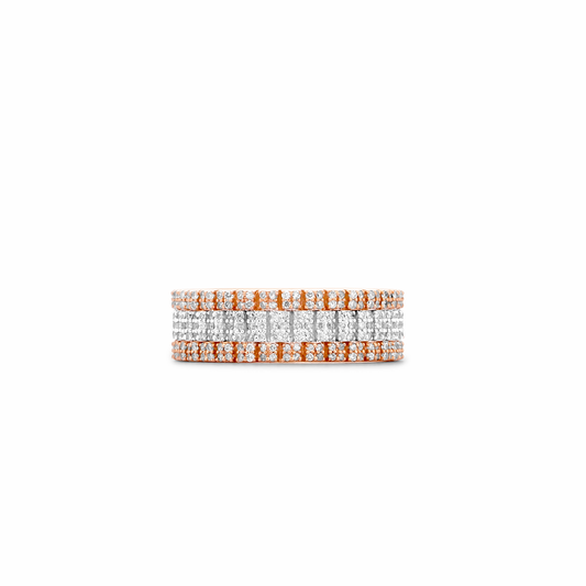 Diamond ring with rose gold and white gold band on a white background