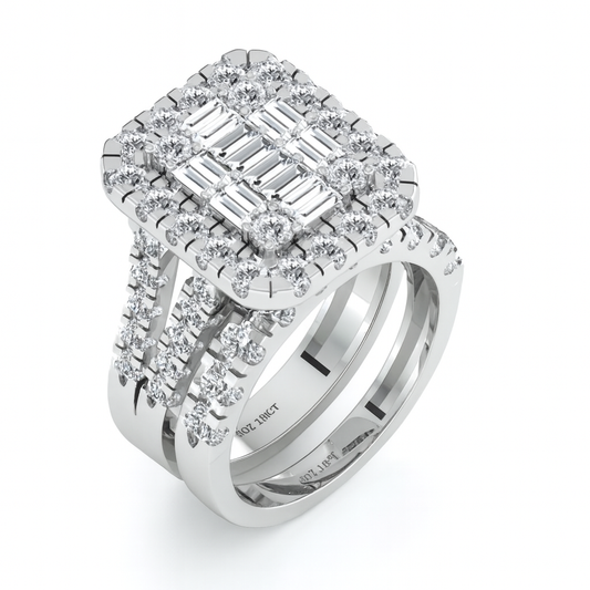 Diamond ring with a white gold band on a white background