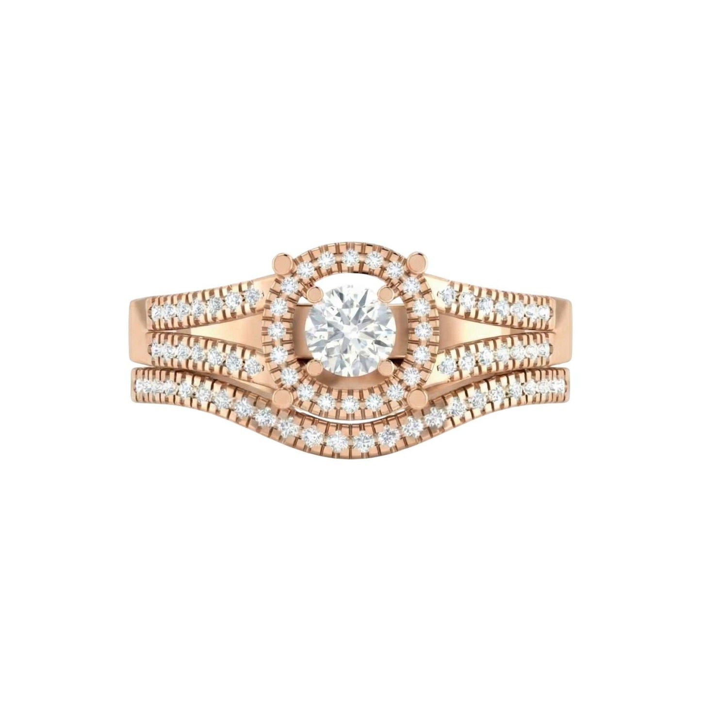Rose gold ring with a large central gemstone and smaller stones on a white background