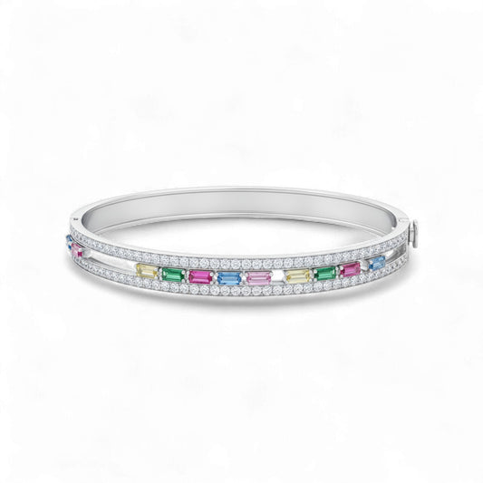 Silver bracelet with colorful gemstones on a white background