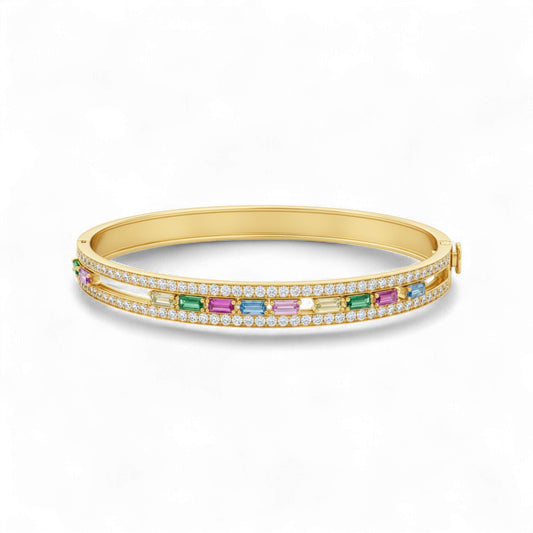 Gold bracelet with colorful gemstones on a white background
