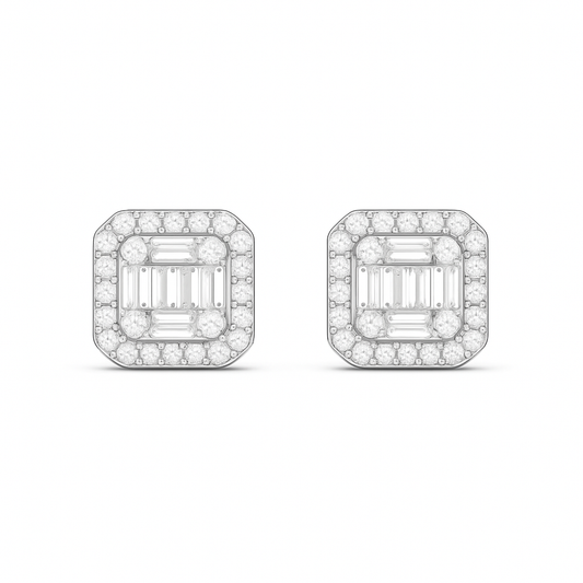 Pair of diamond earrings with emerald-cut center stones on a white background