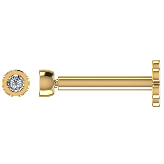 A pair of 18K gold bezel diamond stud earrings with a detachable component visible on the side.