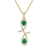 An 18 karat gold pendant necklace with a infinity symbol design featuring a central green emerald stone surrounded by smaller clear diamonds on the chain.