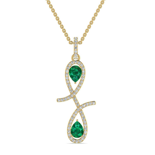 An 18 karat gold pendant necklace with a infinity symbol design featuring a central green emerald stone surrounded by smaller clear diamonds on the chain.