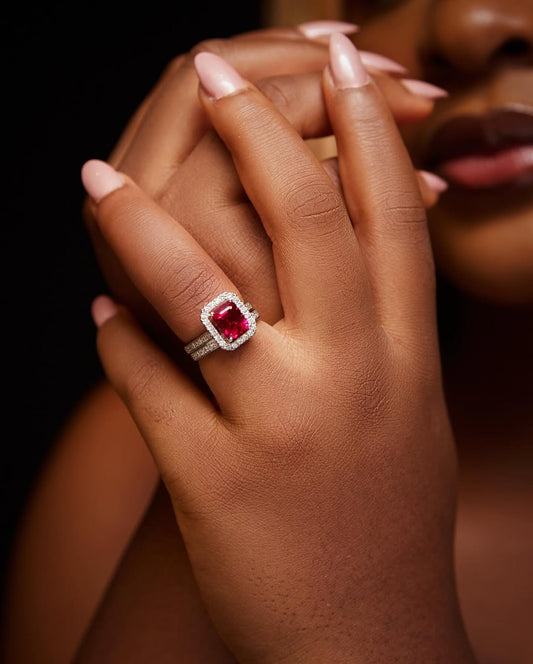 Ruby Love Radiant Cut Natural Diamond Side Stones Bride Set