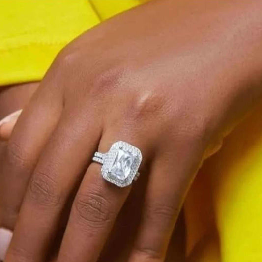 Mildred Radiant Cut CZ Bride Set 925 sterling silver cubic zirconia engagement ring on hand