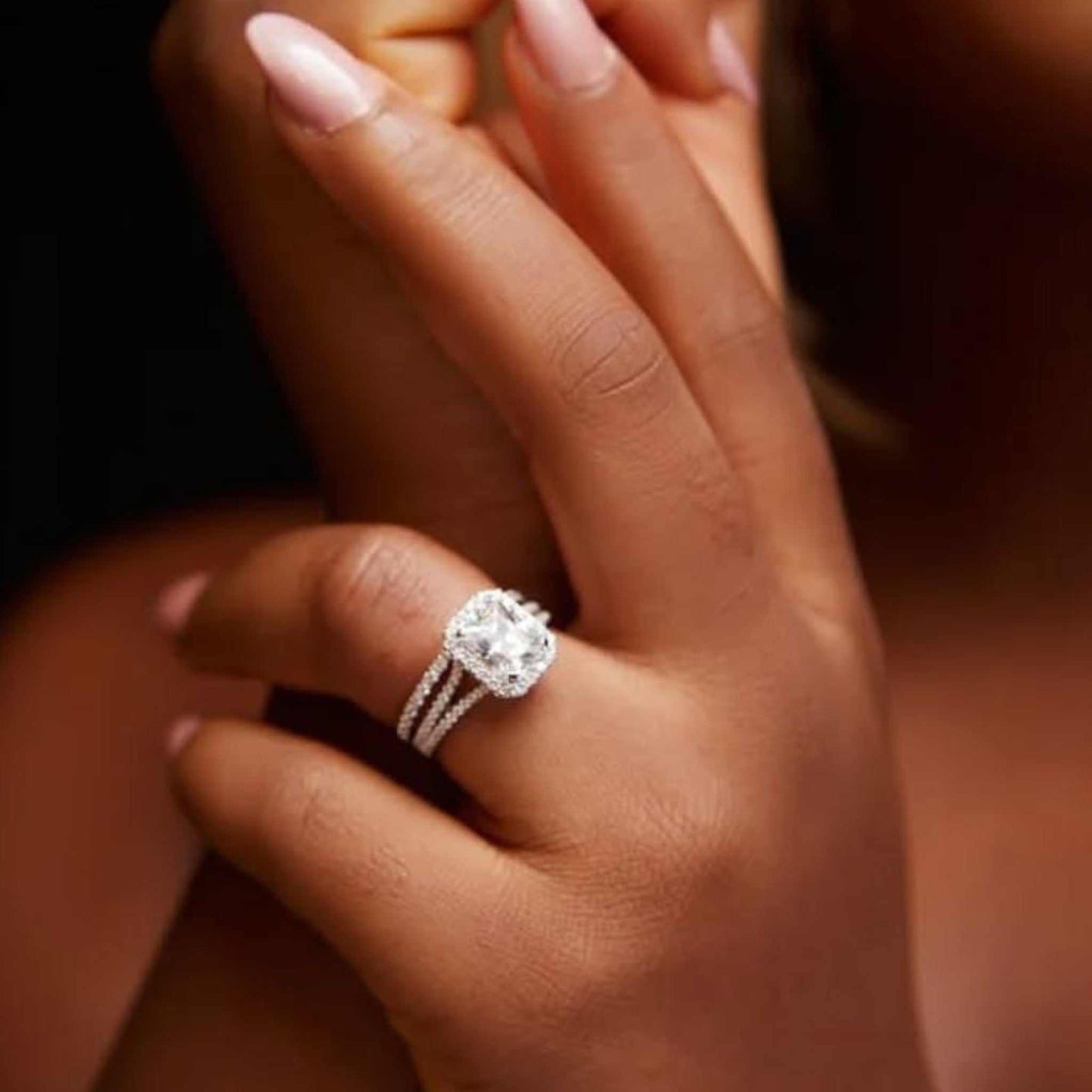 Nadia Radiant CZ Sterling Silver Bride Set featuring radiant-cut cubic zirconia engagement ring with matching CZ wedding band on hand