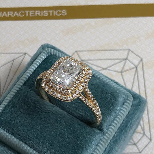 Classic Double Halo Moissanite and Diamond Engagement Ring in 18K Gold