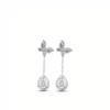 A pair of white gold tear drop earrings with diamonds, designed in the shape of butterflies, attached to the top of the drops.
