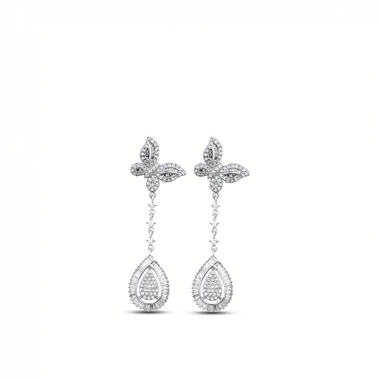 A pair of white gold tear drop earrings with diamonds, designed in the shape of butterflies, attached to the top of the drops.